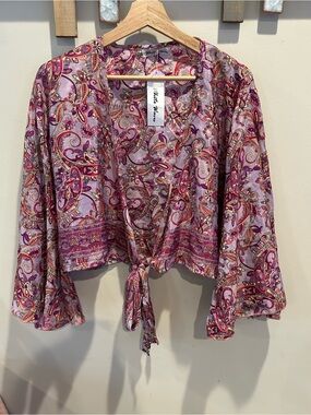 White Waves Lilac Paisley Tie-Front shrug